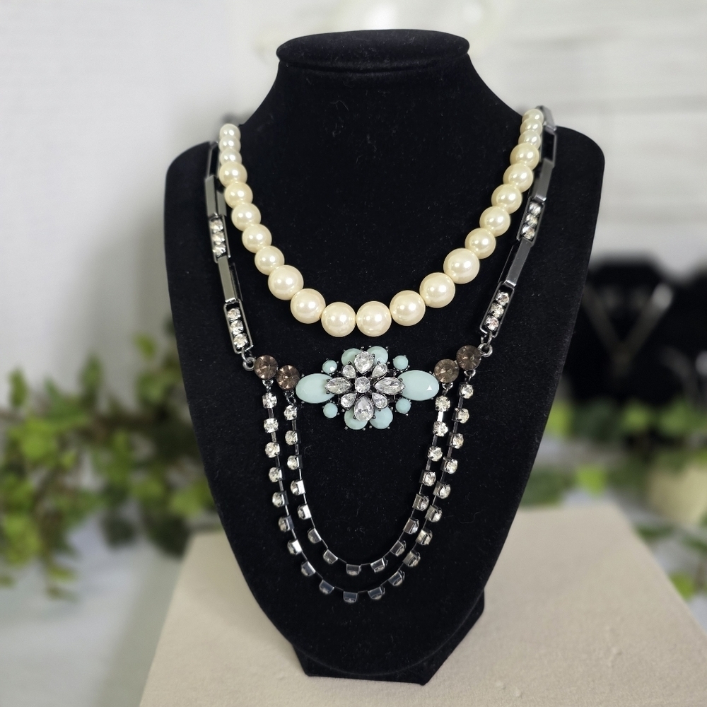 Unique Oxidized Silver Paper Clip and Pearl Double Strand Necklace